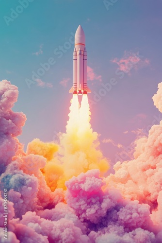 Rocket launches into a colorful sky, surrounded by vibrant clouds at dusk