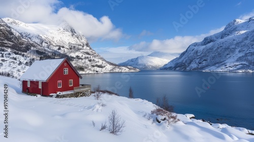 Scenic winter landscape with a red cabin near a serene lake, surrounded by snow-covered mountains under a bright blue sky. photo