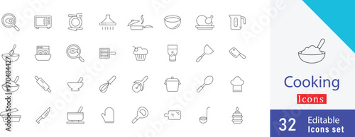 Cooking stroke outline  Icon symbols. containing frying pan, pot, mixer, grater, dishwasher, chopping board, gas, kettle, knife and more stroke icons