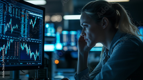 White female stock trader, currency exchange, crypto currency, investor, copy space, looking at the subject with a serious or sad expression photo