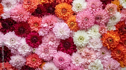 An assortment of vibrant and colorful dahlia flowers in full bloom, showcasing various shades of pink, orange, and white.