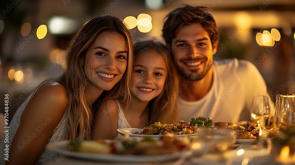 A family sitting together at the dinner table, smiles all around as they share a meal, the warm lighting creating a soft and intimate atmosphere, plates filled with food, A family sitting together at the dinner table, smiles all around as they share a meal, the warm lighting creating a soft and intimate atmosphere, plates filled with food,