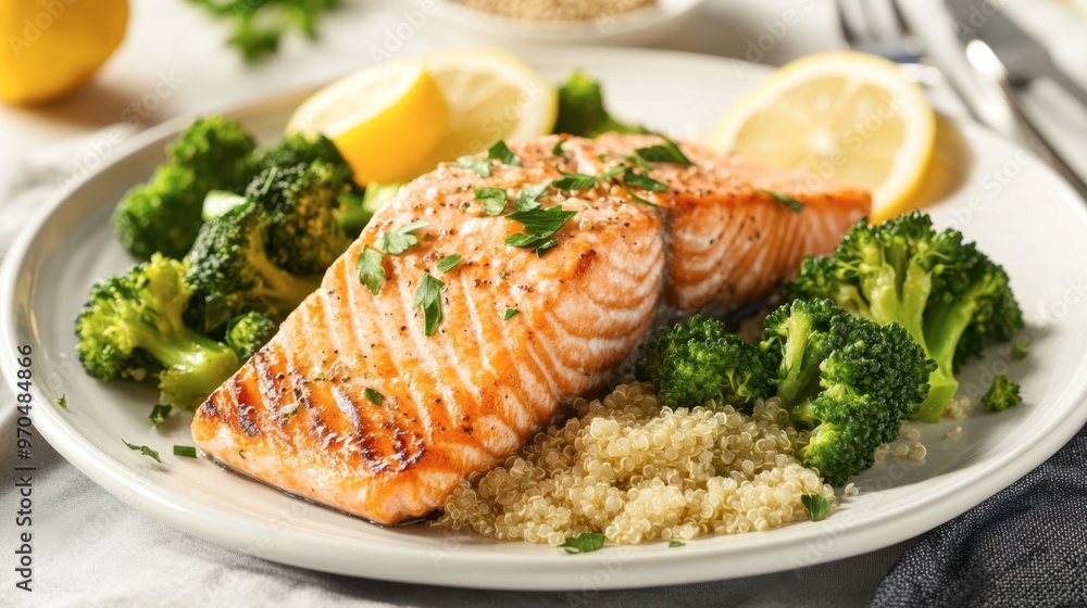 A plate of grilled salmon with steamed broccoli and quinoa, garnished with lemon slices and fresh herbs. A plate of grilled salmon with steamed broccoli and quinoa, garnished with lemon slices and fresh herbs.