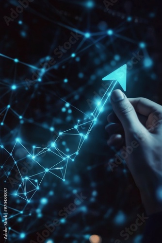 Digital hand pointing to a rising graph made of glowing blue lines against a ...
