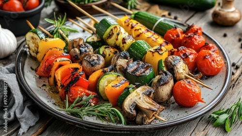 A plate of grilled vegetable skewers with zucchini, bell peppers, mushrooms, and cherry tomatoes, perfect for a BBQ.