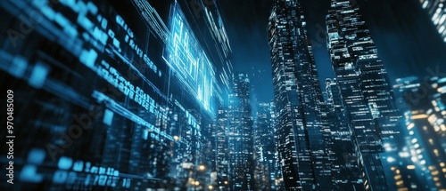 Futuristic city skyline illuminated by glowing digital data projections at night