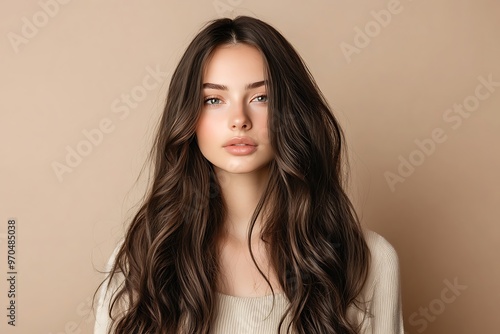 Portrait of a beautiful brunette woman with luxurious long hair isolated on beige background 