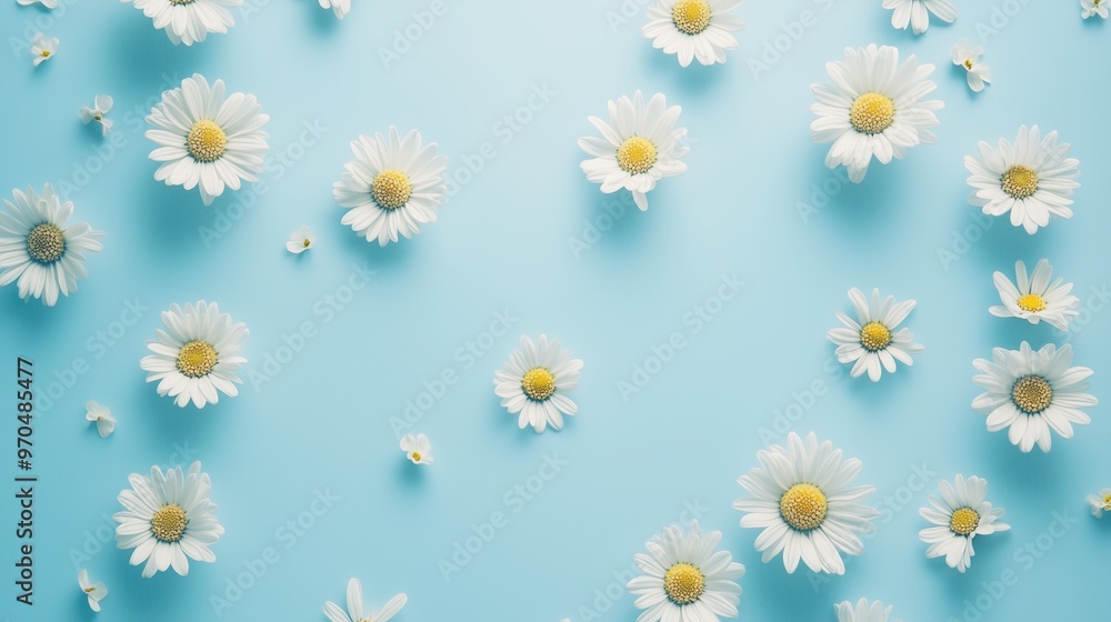 White daisy flowers scattered on a light blue background, creating a fresh and serene spring feeling. White daisy flowers scattered on a light blue background, creating a fresh and serene spring feeling.