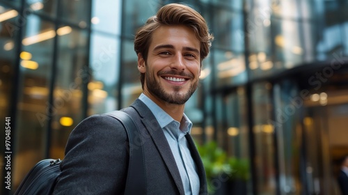 Young man smiling confidently outside a modern building during daytime with a...