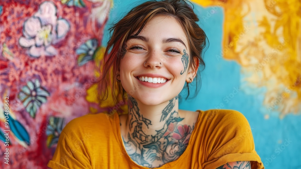 A cheerful woman with facial and neck tattoos smiling brightly, standing against a vibrant, artistic, and colorful background. A cheerful woman with facial and neck tattoos smiling brightly, standing against a vibrant, artistic, and colorful background.