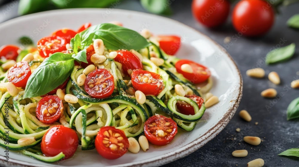 plate of zoodles (zucchini noodles) with cherry tomatoes, basil, and pine nuts, drizzled with olive oil and garlic. plate of zoodles (zucchini noodles) with cherry tomatoes, basil, and pine nuts, drizzled with olive oil and garlic.