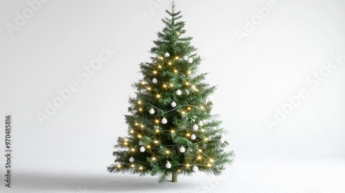 A simple Christmas tree with delicate white lights and minimal ornaments isolated background 50 keywords