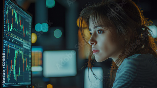 White female stock trader, currency exchange, crypto currency, investor, copy space, looking at the subject with a serious or sad expression
 photo