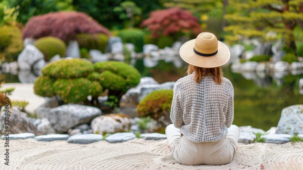 Obraz premium Zen gardener, designing space, focus on, natural beauty, surreal, overlay, garden sanctuary