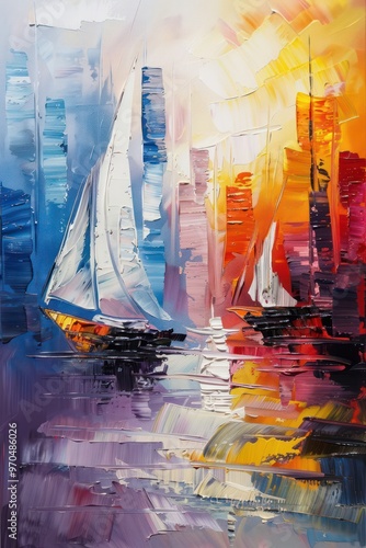 A vibrant abstract painting of sailboats on a colorful waterway, reflecting a lively sunset over a city skyline.