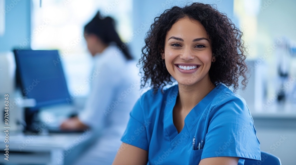 Fototapeta premium A friendly dental receptionist scheduling an appointment for a patient at the front desk.