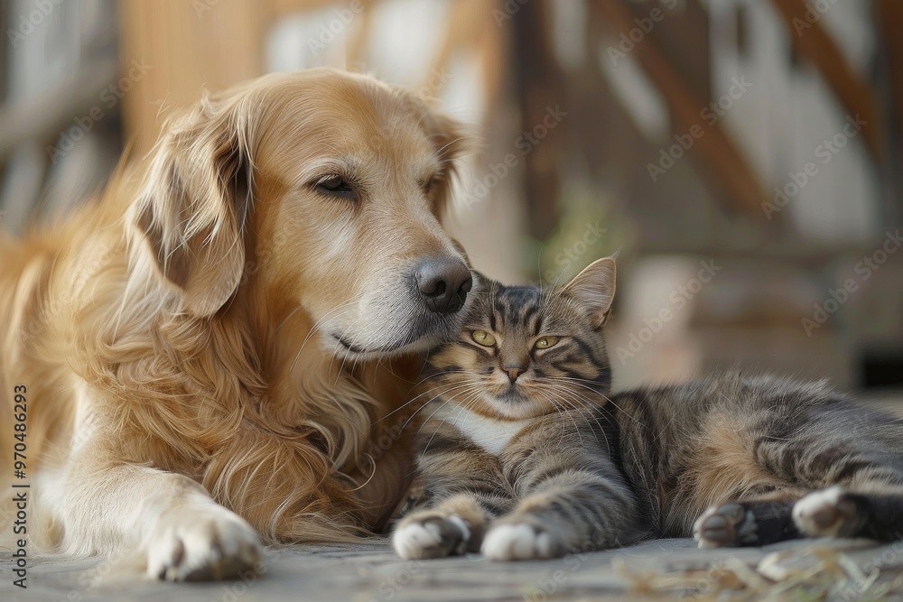 Dog and cat relax together on a warm day Dog and cat relax together on a warm day