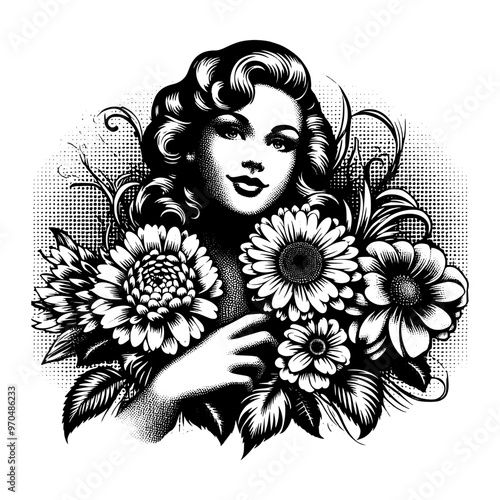 girl with flowers vintage black and white design