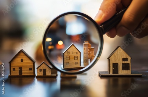 Exploring miniature houses through a magnifying glass on a wooden surface in ...