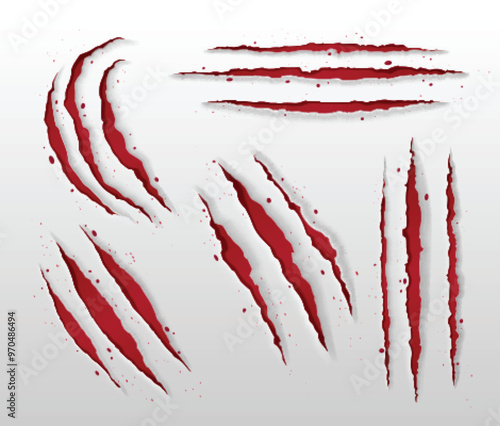 Animal claw scratch mark. Paper slash rip made by tiger, lion or bear. Realistic 3d vector illustration set of panther or wolf paw tear and brake red surface. Scary monster scrape trail texture.
