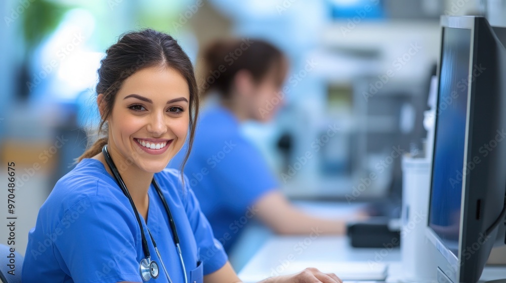 A friendly dental receptionist scheduling an appointment for a patient at the front desk. A friendly dental receptionist scheduling an appointment for a patient at the front desk.