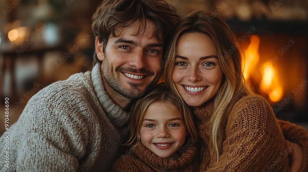 A warm family scene in front of a fireplace, parents and children sitting close together, smiles on their faces, the fireplace casting a soft golden glow over the room, A warm family scene in front of a fireplace, parents and children sitting close together, smiles on their faces, the fireplace casting a soft golden glow over the room,
