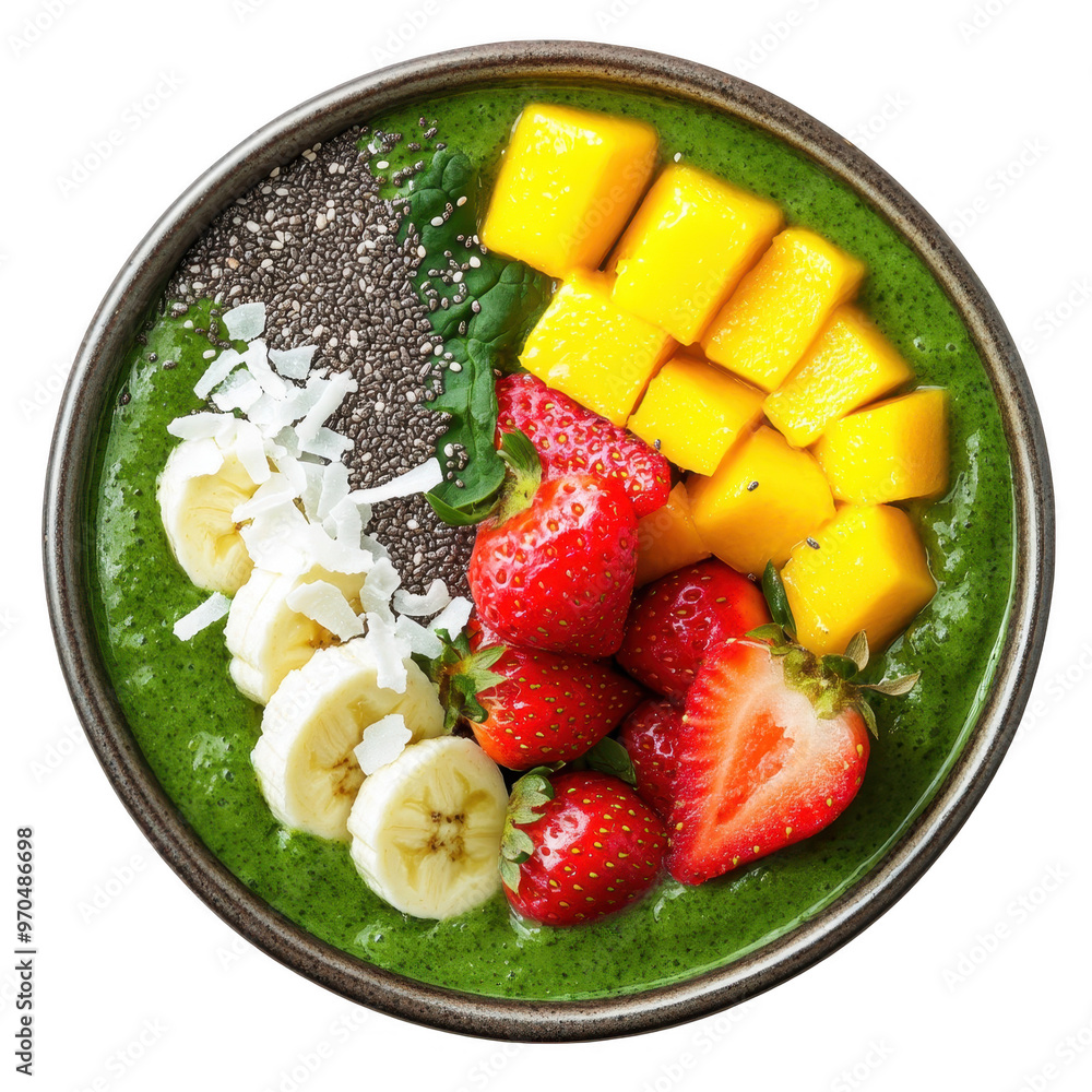 A vibrant smoothie bowl topped with fruits and seeds for a healthy meal. A vibrant smoothie bowl topped with fruits and seeds for a healthy meal.