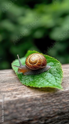 A snail eating fresh leaves in a vibrant, natural garden. photo