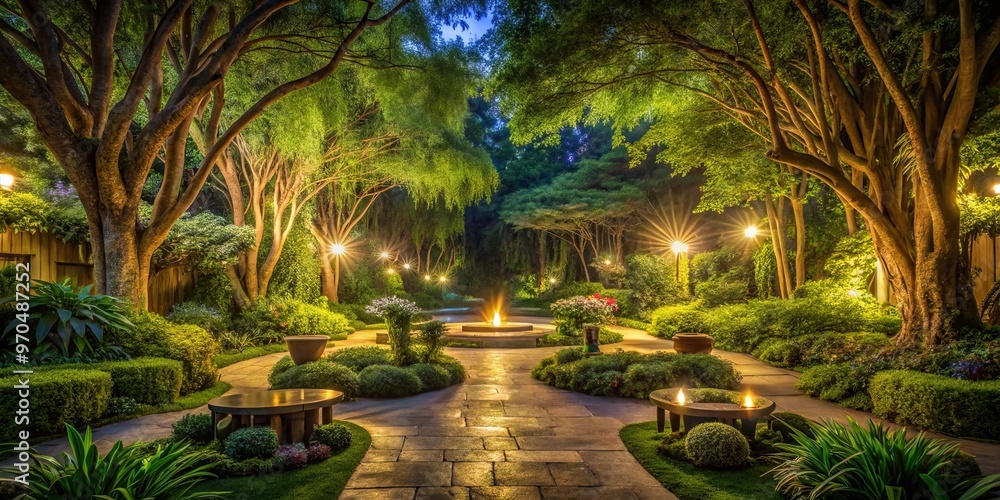 A serene secret garden bathed in moonlight with towering trees providing a stunning backdrop A serene secret garden bathed in moonlight with towering trees providing a stunning backdrop