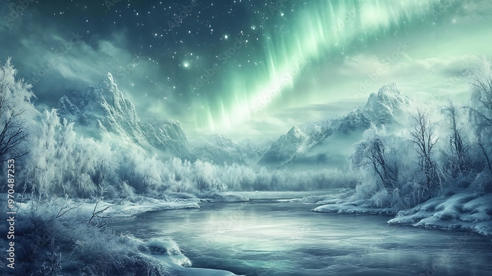 Fototapeta premium Frozen River Landscape Underneath the Aurora Borealis