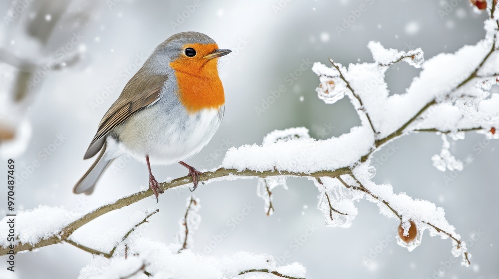 A robin perched on a snow-covered branch, with its bright red chest standing out against the winter backdrop. A robin perched on a snow-covered branch, with its bright red chest standing out against the winter backdrop.