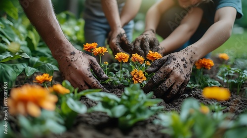 Parents and kids planting flowers in a lush backyard garden, dirt-covered hands and vibrant blooms, the sun shining brightly, green plants growing around them,