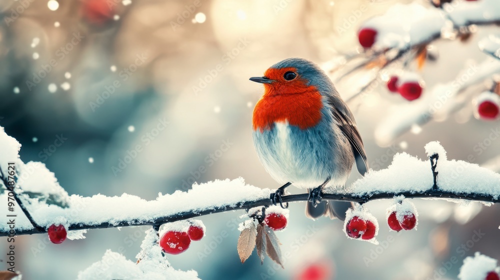 A robin perched on a snow-covered branch, with its bright red chest standing out against the winter backdrop.