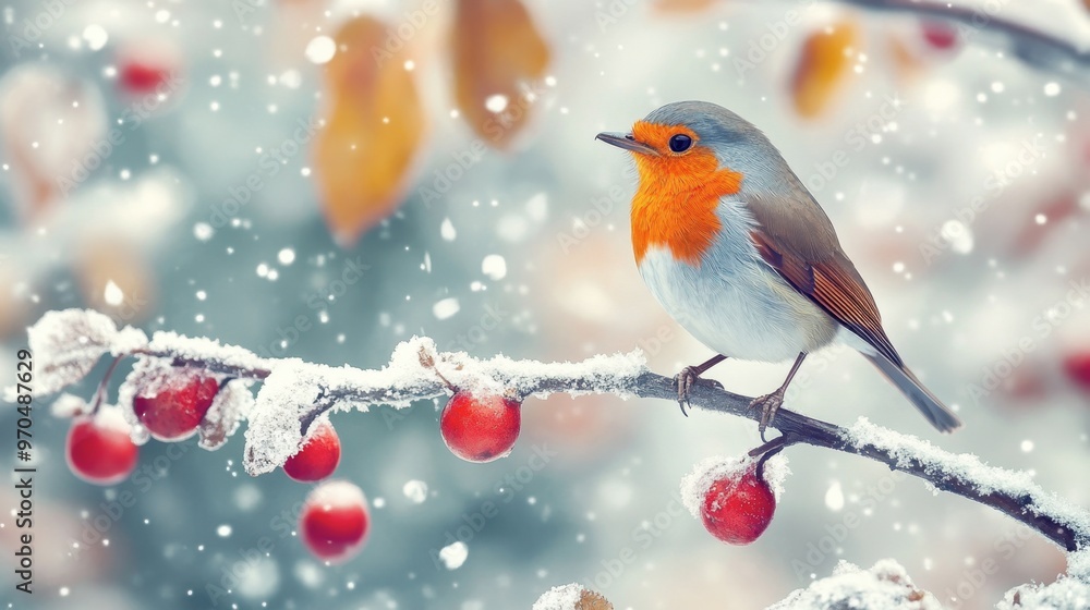 A robin perched on a snow-covered branch, with its bright red chest standing out against the winter backdrop. A robin perched on a snow-covered branch, with its bright red chest standing out against the winter backdrop.