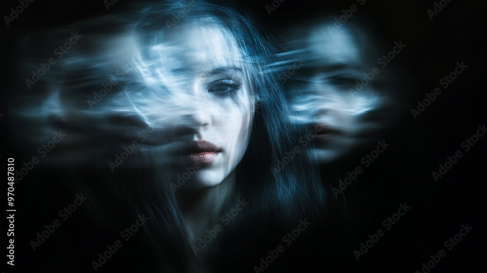 A blurry, ethereal portrait of a woman with long hair, her features are obscured by a blue glow and streaks of light. A blurry, ethereal portrait of a woman with long hair, her features are obscured by a blue glow and streaks of light.