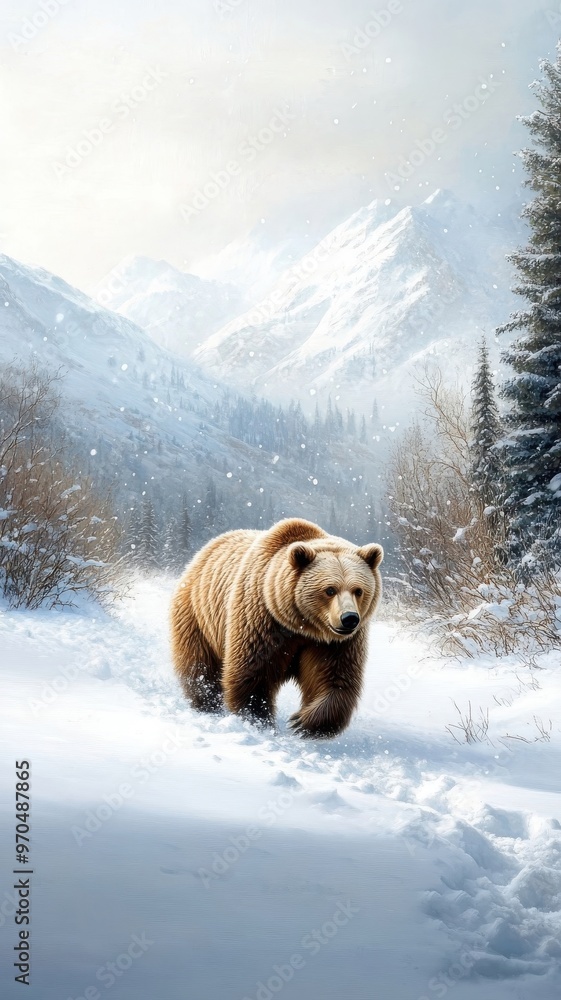 Serene scene of a bear navigating through a snowy landscape, with snowflakes gently settling on its thick fur and peaceful surroundings.