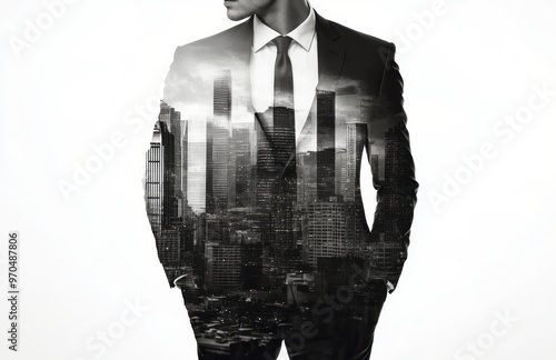 A businessman overlooking a city skyline during dusk, embodying ambition and ...