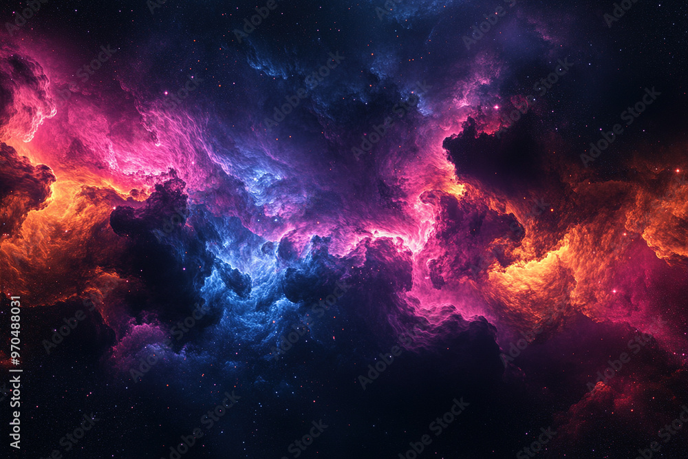Enchanting vibrant nebula in the night sky with deep blues, purples, pinks, and oranges, featuring stars and galaxies against a starry black backdrop. A stunning abstract cosmic background for creativ Enchanting vibrant nebula in the night sky with deep blues, purples, pinks, and oranges, featuring stars and galaxies against a starry black backdrop. A stunning abstract cosmic background for creativ