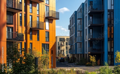 Modern colorful apartment buildings with greenery under a clear sky in an urb...