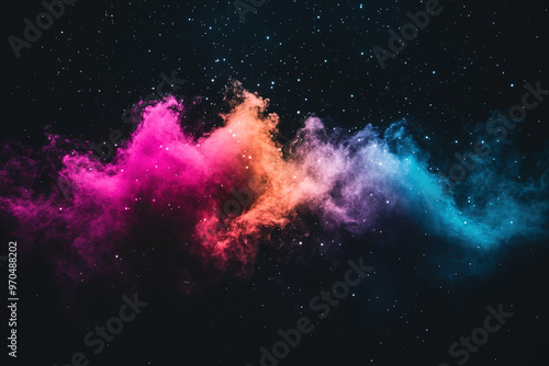 Enchanting vibrant nebula in the night sky with deep blues, purples, pinks, and oranges, featuring stars and galaxies against a starry black backdrop. A stunning abstract cosmic background for creativ photo