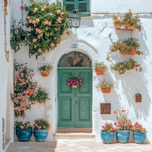 Colorful flower-filled alley in a charming coastal village during a sunny aft...