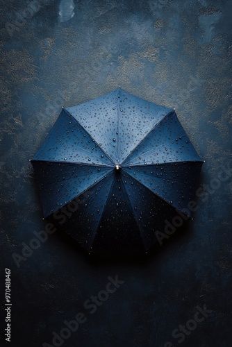 Dark blue umbrella resting on wet surface with raindrops in a rainy weather b...