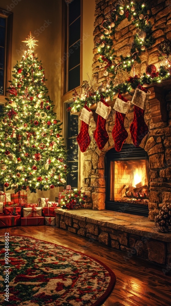 custom made wallpaper toronto digitalA warm Christmas scene with a cozy fireplace stockings hung on the mantel and a large glowing Christmas tree isolated background 50 keywords