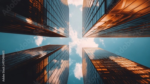 Skyscrapers reaching towards the bright blue sky on a sunny day in an urban e...
