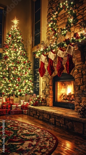 Wallpaper Mural A warm Christmas scene with a cozy fireplace stockings hung on the mantel and a large glowing Christmas tree isolated background 50 keywords Torontodigital.ca