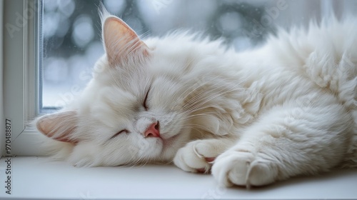 A fluffy white cat relaxing on a windowsill while snow falls gently outside i...