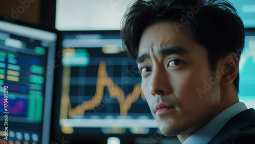 Asian male stock trader, currency exchange, crypto currency, investor, copy space, looking at the subject with a serious or sad expression
 photo