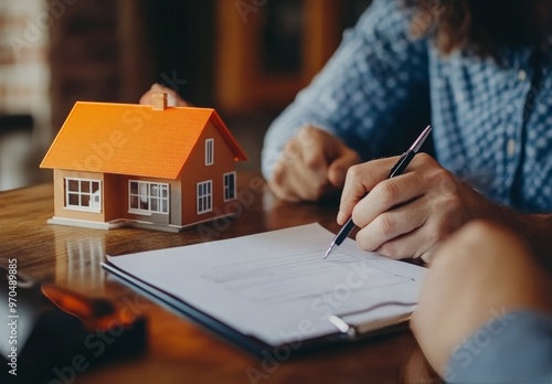 Signing documents for a new home purchase with a miniature house model on the...