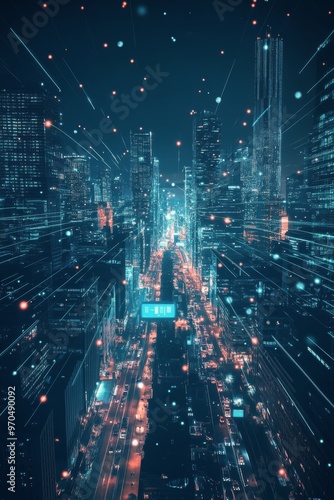 Dynamic cityscape with glowing light trails illustrating urban movement at night