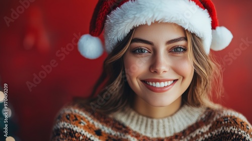 A smiling young woman in a festive sweater and Santa hat against a red backgr...